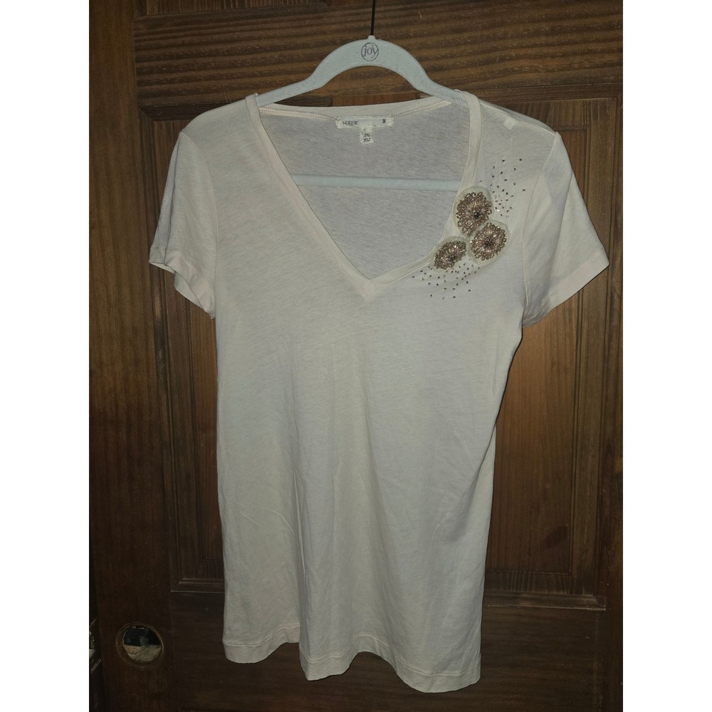 J.Crew Womens Ivory Embellished Floral Beaded V-Neck Cotton T-Shirt Size M NEW - Picture 2 of 6